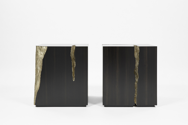 Cubes Hybrides, tables d'appoint en ébène et bronze blanc de Jean-Luc Le Mounier