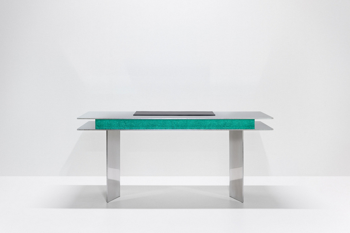 Designer aluminum desk with a green patina and a black leather desk pad – Jean-Luc Le Mounier
